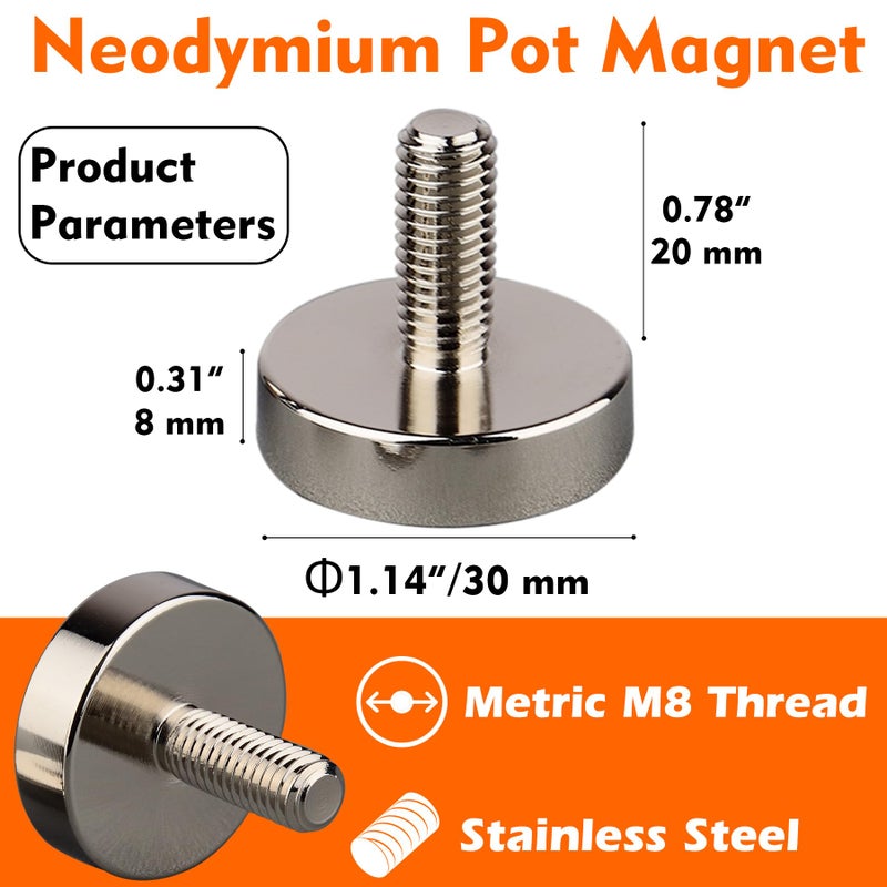 MUTUACTOR Neodymium Pot Magnets Heavy Duty,2PCS Anti-Broken Permanent Rare Earth Magnets with M8 Male Threaded,100lbs Mounting Magnets for DIY Tool Brackets LED Lights,Machine Processing,Solar Panels - Image 5